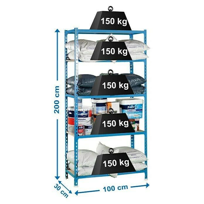 BAUHAUS Simonrack Maderclick Metallregal Plus L X B X H: 30 X 100 X 200 Cm, Traglast: 150 Kg/Boden, Anzahl Böden: 5, Stecken, Blau 3 BAUHAUS Simonrack Maderclick Metallregal Plus L X B X H: 30 X 100 X 200 Cm, Traglast: 150 Kg/Boden, Anzahl Böden: 5, Stecken, Blau – Bild 3