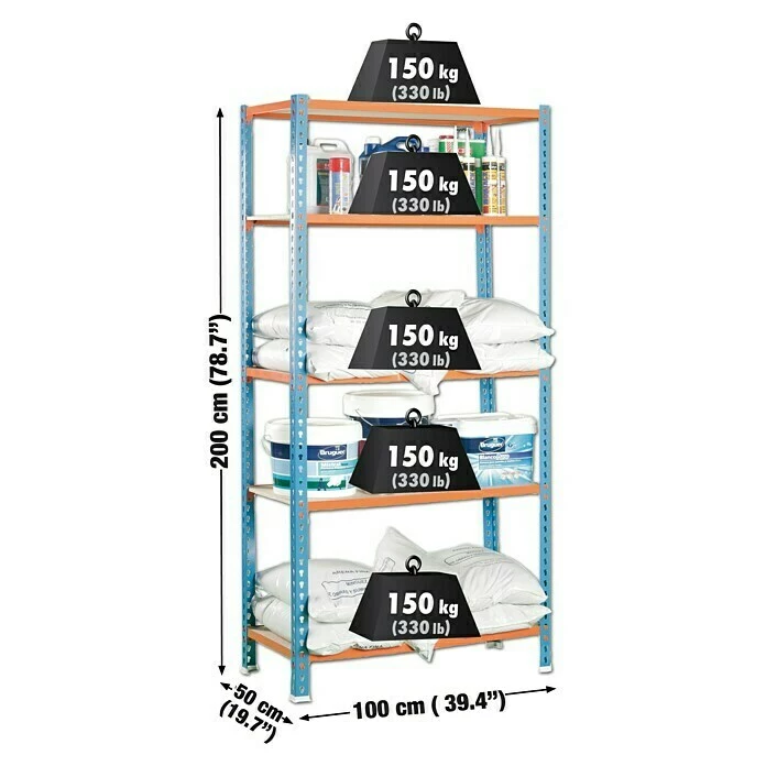 BAUHAUS Simonrack Maderclick Metallregal Plus L X B X H: 50 X 100 X 200 Cm, Traglast: 150 Kg/Boden, Anzahl Böden: 5, Stecken, Blau/Orange 2 BAUHAUS Simonrack Maderclick Metallregal Plus L X B X H: 50 X 100 X 200 Cm, Traglast: 150 Kg/Boden, Anzahl Böden: 5, Stecken, Blau/Orange – Bild 2